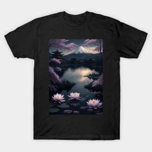 Serene Mount Fuji Sunset - Peaceful River Scenery - Lotus Flowers T-Shirt